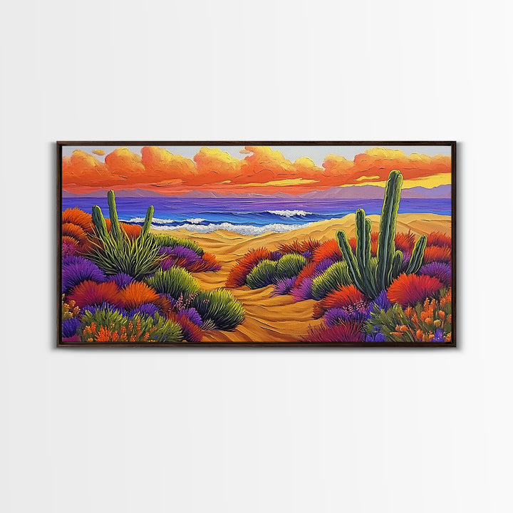 Cactus Sunset, Desert Painting, Framed Canvas Print, vibrant desert coastline, colorful flora, boho ar,t Southwest Style Entryway