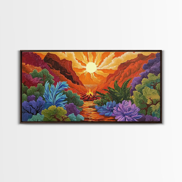 Campfire Valley, Sunset, Vivid Sky, bright forest Canvas Print, fall nature decor, bold boho fire painting, cozy cabin wall art