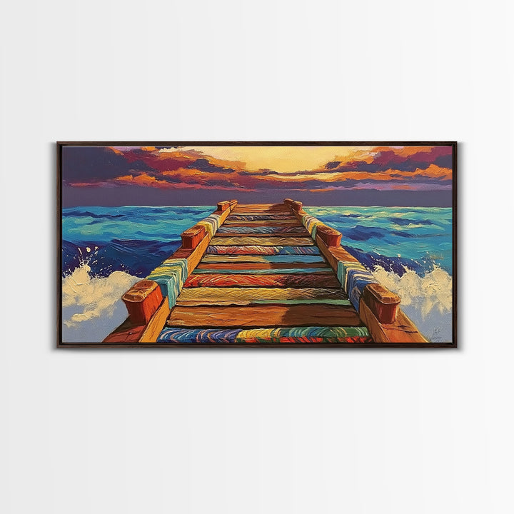 Ocean Pier, Sunset Seascape, Beach House Art, Rustic Dock, Nautical Wall Art, Colorful Painting, Coastal Landscape, Canvas Print