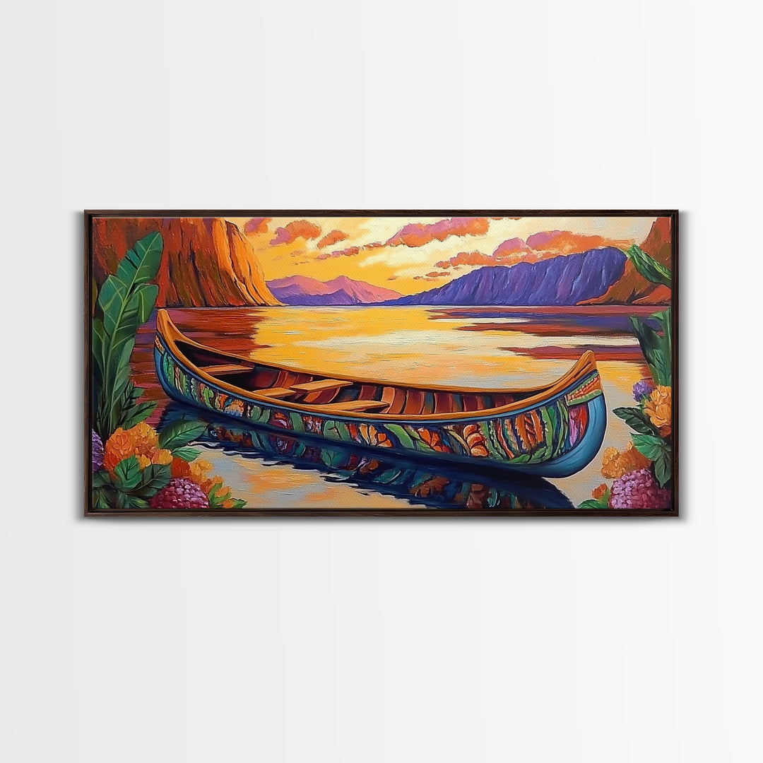 Canoe Tropical, Sunset Reflections, Serene Waters, exotic island Framed Canvas Print, tranquil boho decor, lakehouse wall art