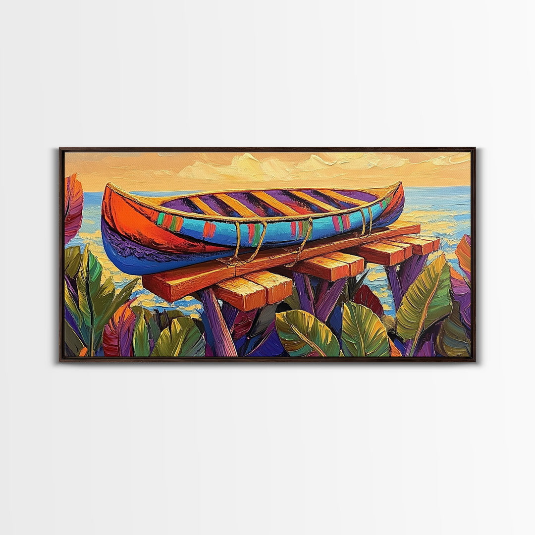 Canoe Dock, Ocean, Bold Palette, vibrant tropical Canvas Print, nautical boho art, playful beach house wall decor, summer vibes