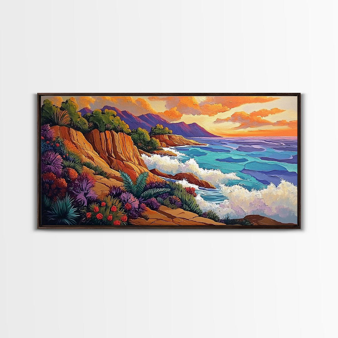 Ocean Cliffside, Sunset, View, Framed Canvas Print vibrant coastal nature artwork Living Room Wall Art beach house boho wall decor