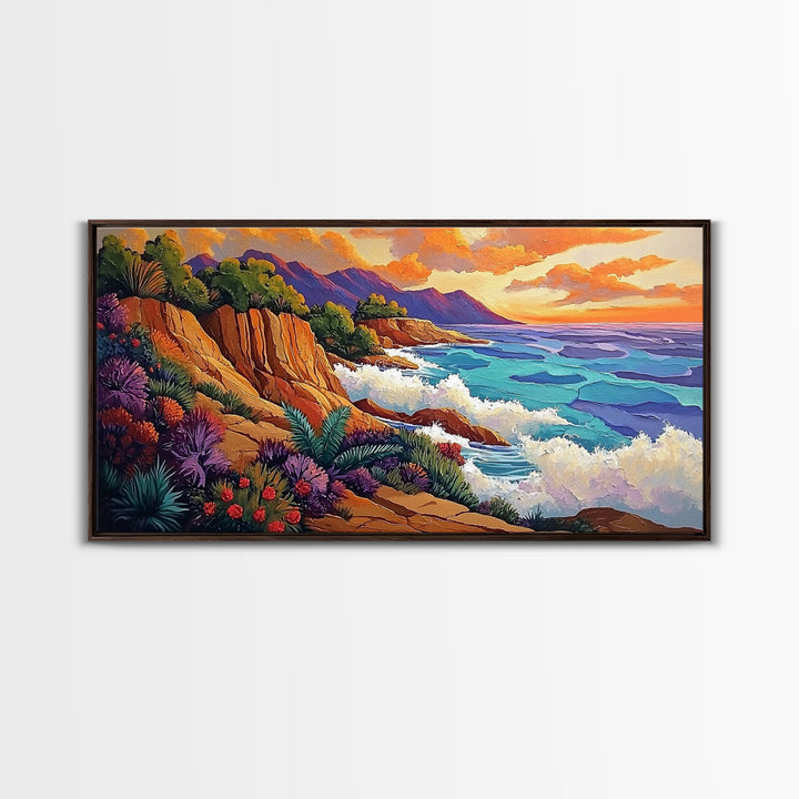 Ocean Cliffside, Sunset, View, Framed Canvas Print vibrant coastal nature artwork Living Room Wall Art beach house boho wall decor