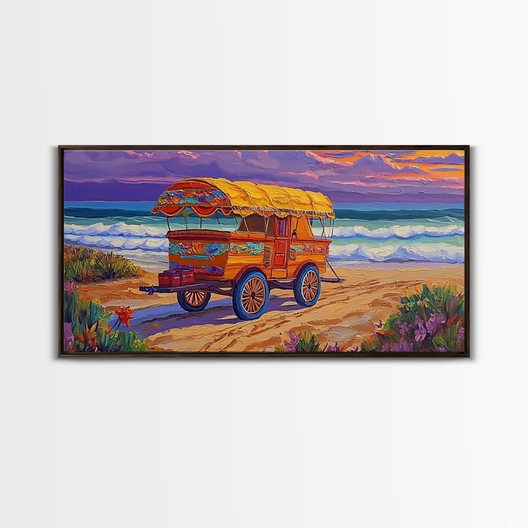 Beach Wagon, Sunset, Nostalgia, Canvas Print vintage coastal travel art Living Room Wall Art boho beach scene summer home vibe