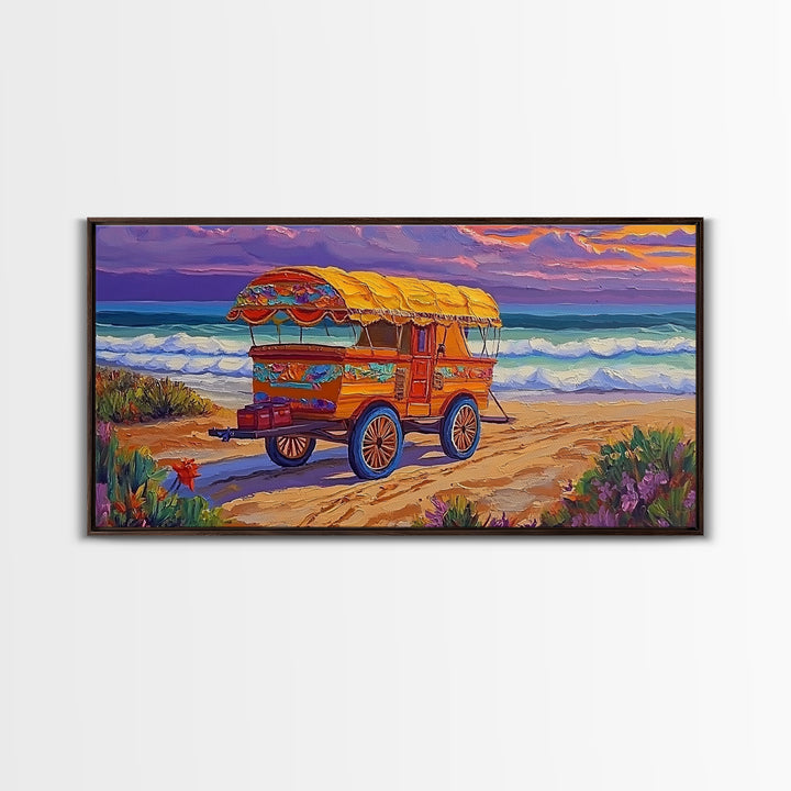 Beach Wagon, Sunset, Nostalgia, Canvas Print vintage coastal travel art Living Room Wall Art boho beach scene summer home vibe