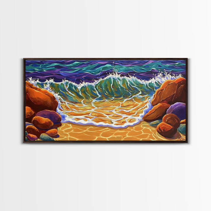 Wave Shoreline, Rocks, Splash, Vibrant ocean wall art, coastal home decor, Canvas Print, bathroom beach art, bold seascape painting