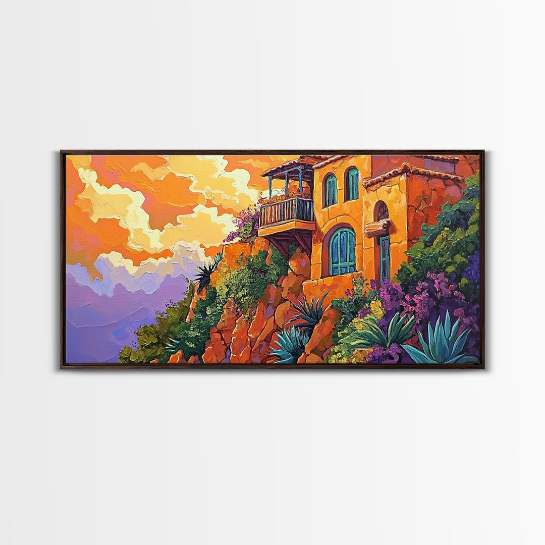 Cliffside House, Sunset, View, Desert boho mountain house, colorful Canvas Print, living room wall art, dramatic sky landscape painting