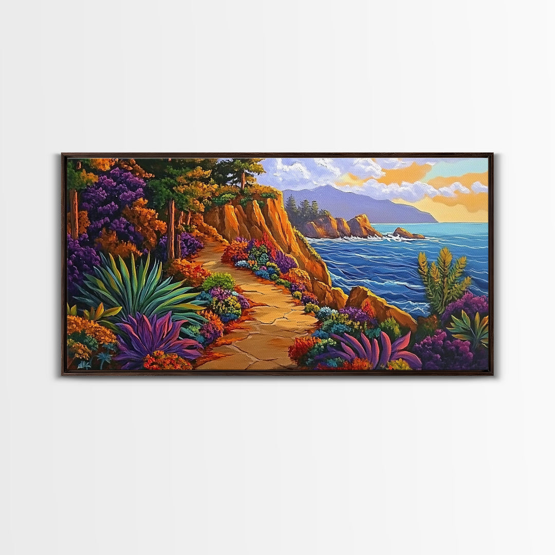 Pathway Ocean, Flowers, Escape, Coastal trail wall art, vibrant Canvas Print, bedroom nature painting, colorful California coast style