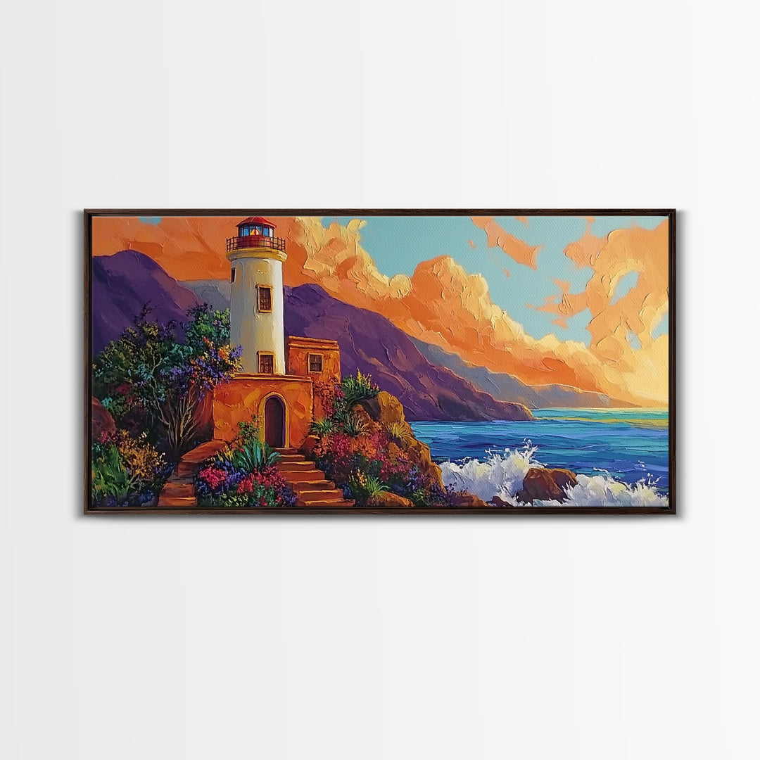 Lighthouse Ocean, Sunset, Cliff, Coastal lighthouse Canvas Print, living room seascape painting, nautical wall decor, sunset vibes art