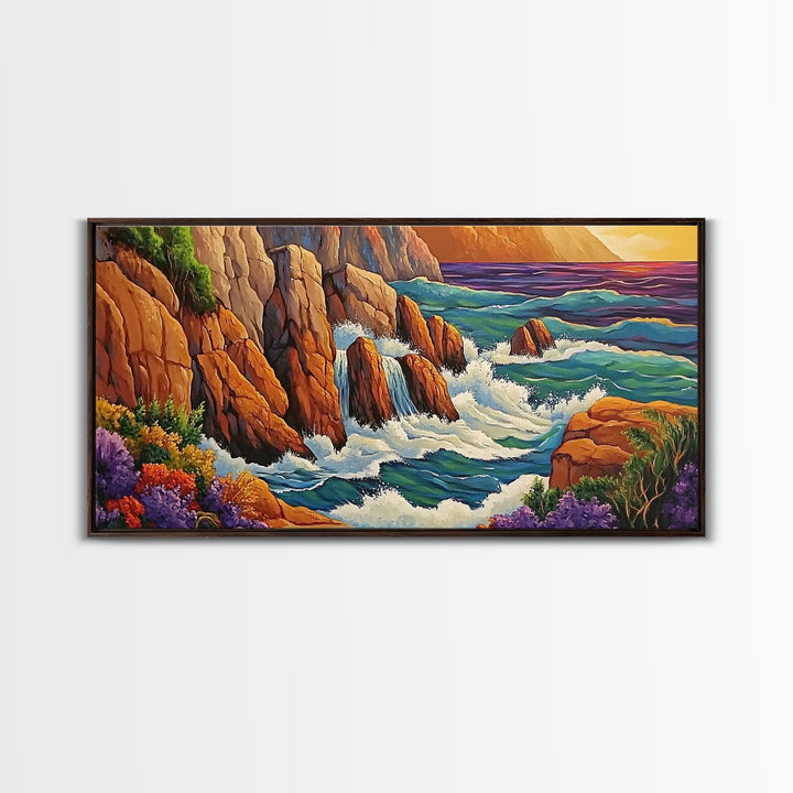 Rocks Waves, Sea, Energy, Dramatic cliff seascape Canvas Print, living room wall art, bold ocean decor, coastal energy painting