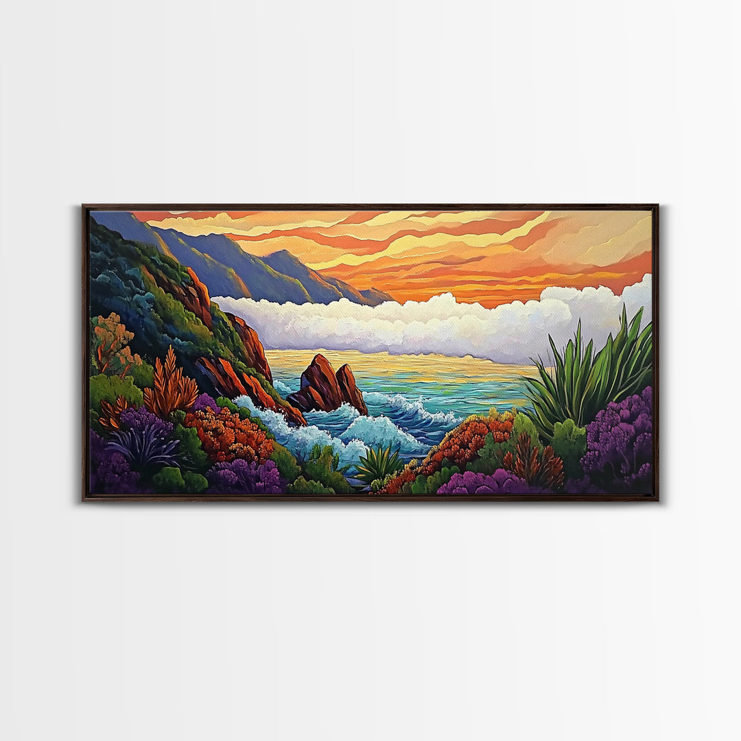 Ocean Sunset, Hills, Tropical, Serene beach Canvas Print, tropical landscape wall art, calming sunset painting, living room boho decor