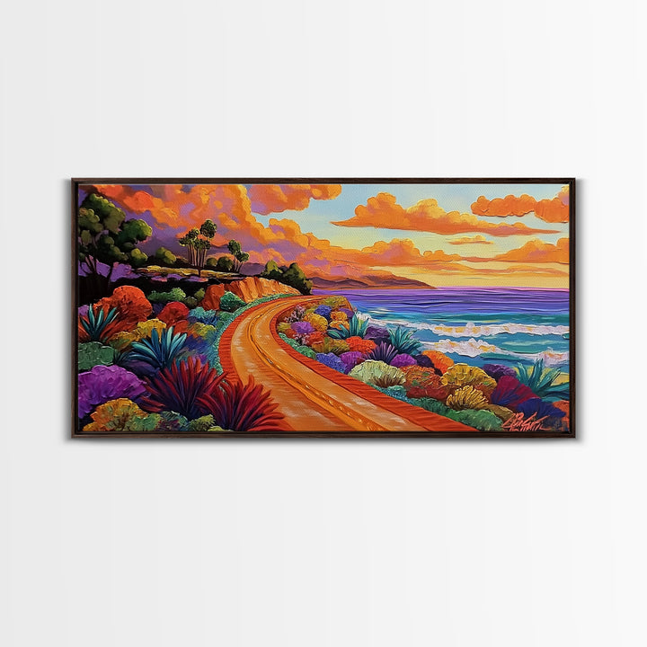 Coastal Train, Sunset, Framed Canvas Print, Vibrant coastal sunset railway painting, Colorful beachscape boho art, Hallway Wall Art