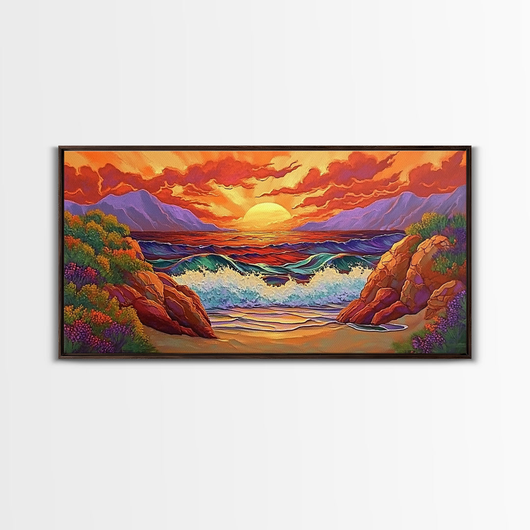 Sunset Waves, Rocks, Framed Canvas Print, Vibrant ocean sunset, crashing waves cliffs painting, Coastal Decor, Beach House Wall Art