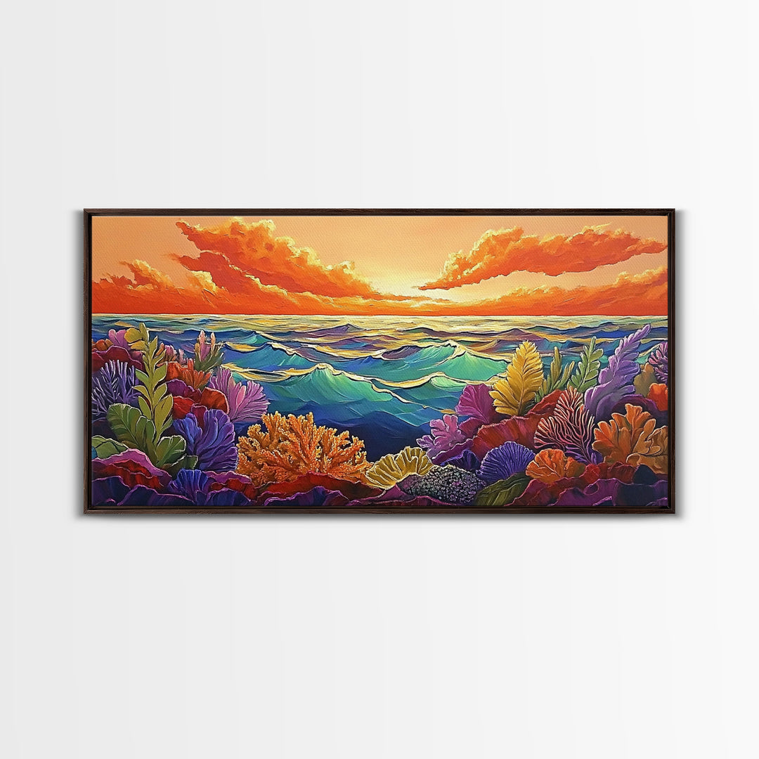 Coral Ocean, Sunset, Framed Canvas Print, Underwater coral reef at sunset painting, Ocean lover gift idea, Coastal Spa Wall Art