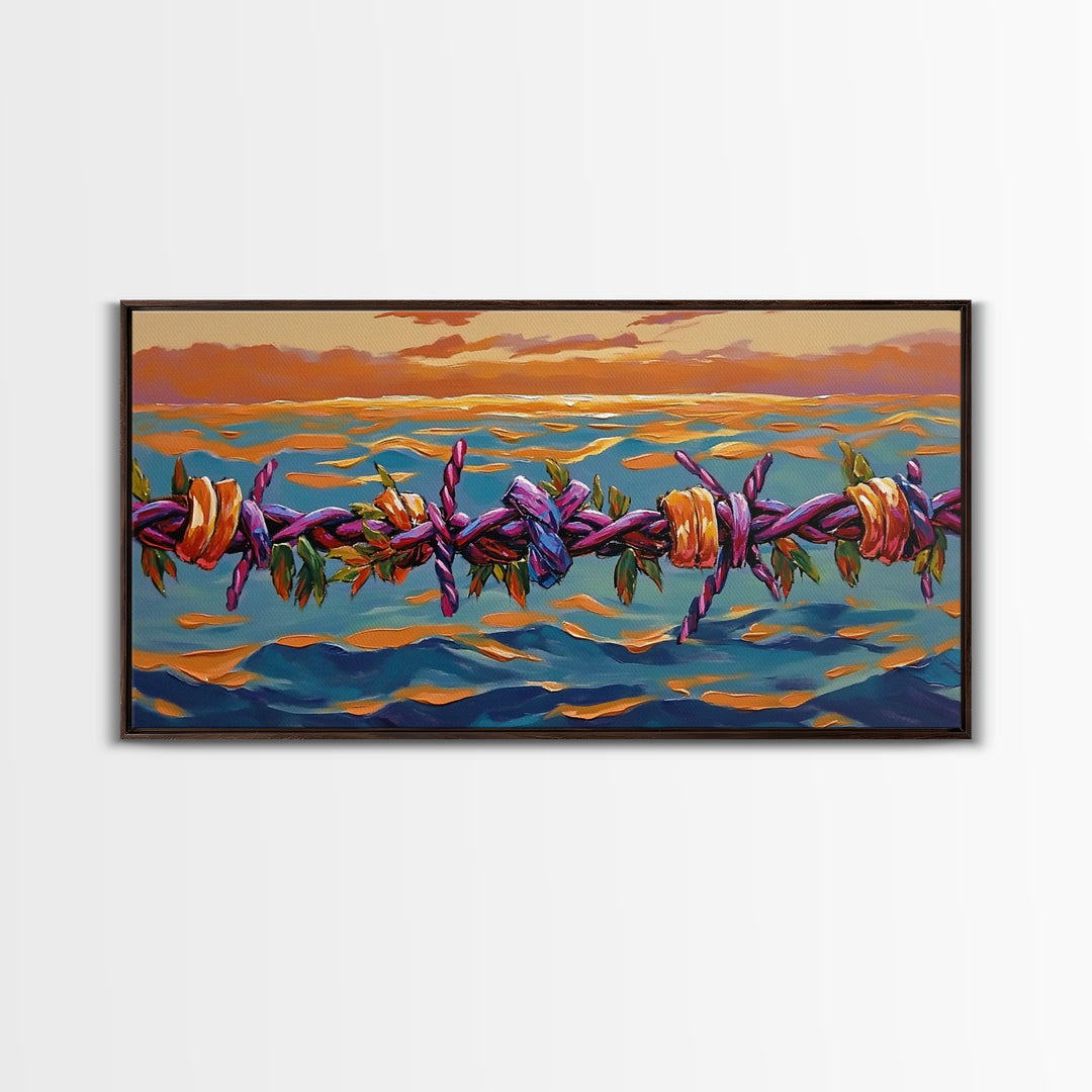 Barbed Sunset, Ocean, Framed Canvas Print, Symbolic Ocean Barbed Wire Art, Modern Sunset Expressionist Decor, Unique Office Wall Art