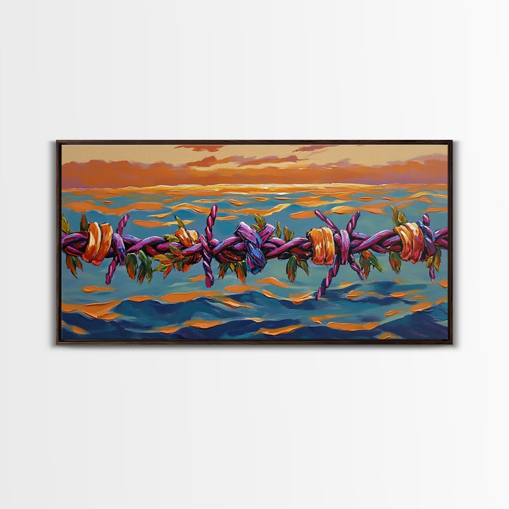 Barbed Sunset, Ocean, Framed Canvas Print, Symbolic Ocean Barbed Wire Art, Modern Sunset Expressionist Decor, Unique Office Wall Art
