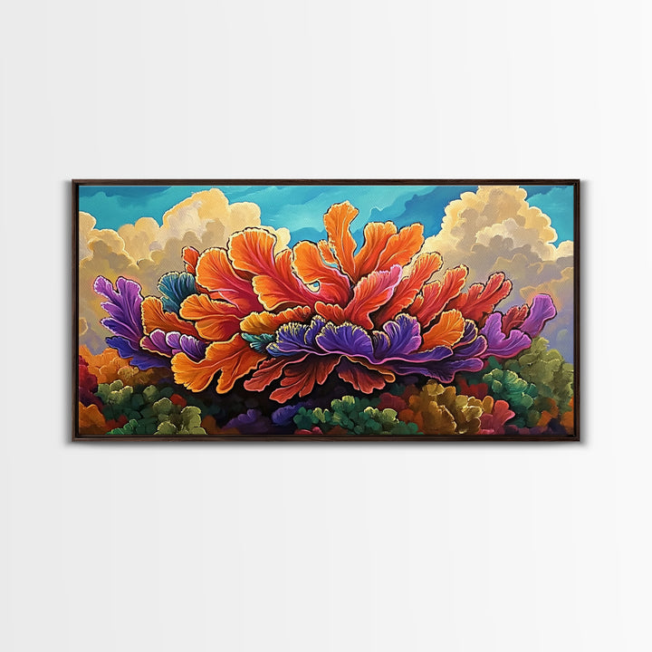 Coral Bloom, Ocean, Framed Canvas Print, Abstract blooming coral reef under dreamy sky painting, Modern Coastal Decor, Bedroom Wall Art