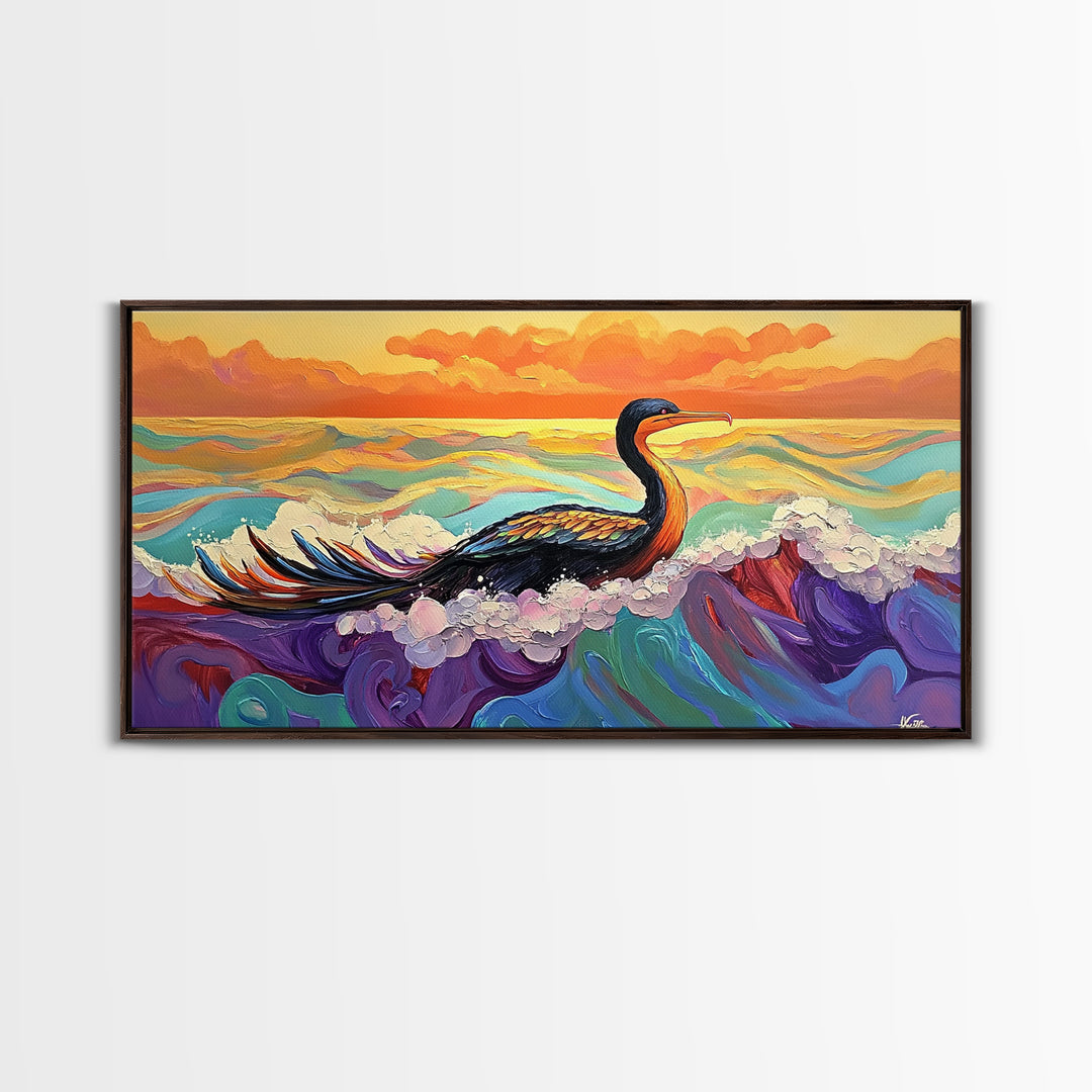 Ocean Bird, Sunset, Framed Canvas Print, Vibrant seabird in waves sunset seascape painting, Colorful Coastal Decor, Bathroom Wall Art