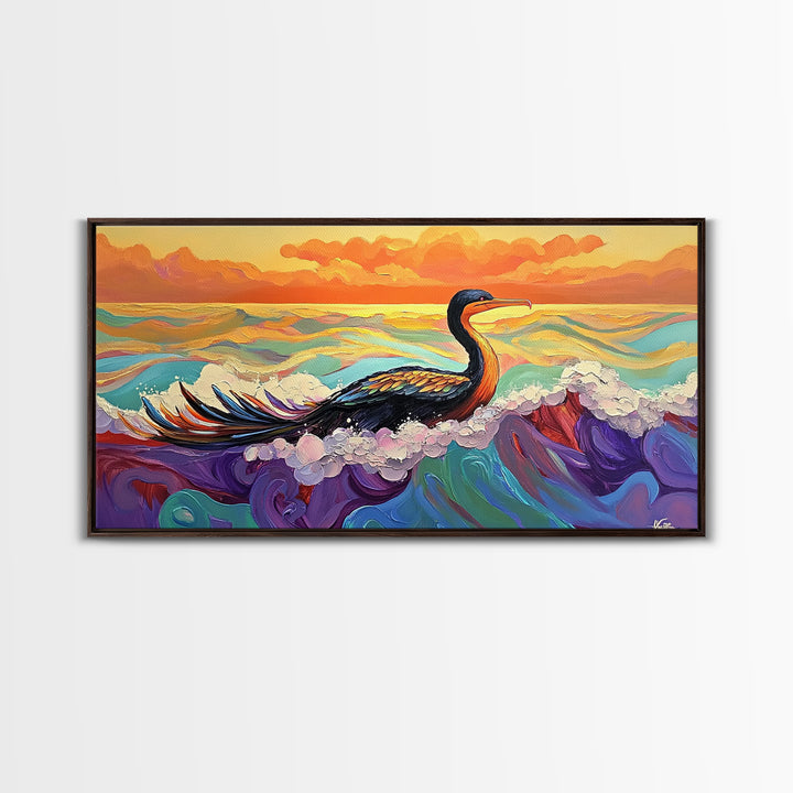 Ocean Bird, Sunset, Framed Canvas Print, Vibrant seabird in waves sunset seascape painting, Colorful Coastal Decor, Bathroom Wall Art