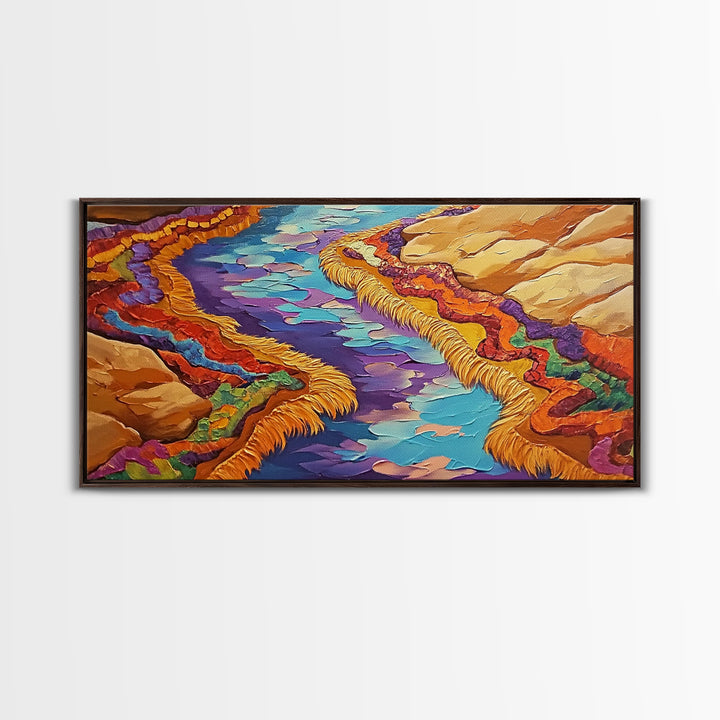 River Abstract, Color, Framed Canvas Print, Textured abstract river canyon painting, Desert Vibe Landscape Art, Hallway Wall Art