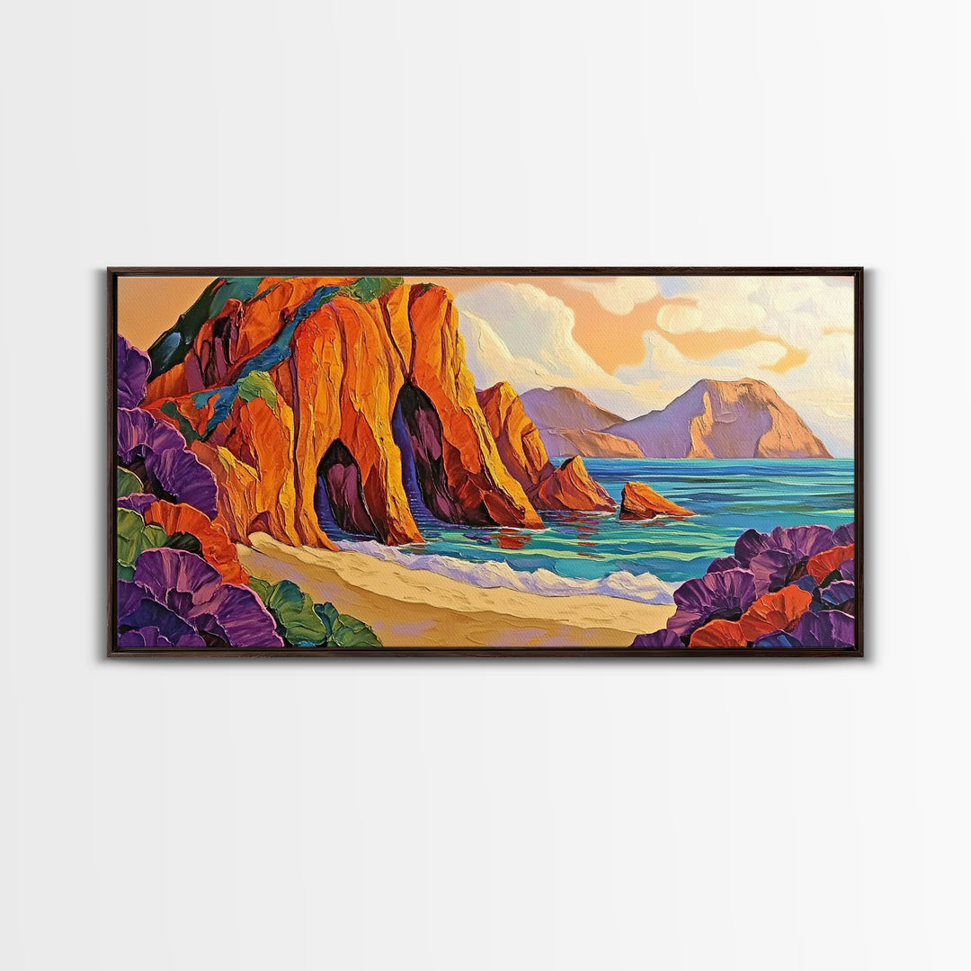 Cliffs Beach, Ocean, Framed Canvas Print, Bold textured coastal cliffs and ocean view painting, Vibrant Summer Decor, Kitchen Wall Art