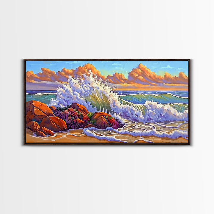 Rocks Waves, Sky, Framed Canvas Print, Majestic ocean wave crashing on rocks under golden clouds, Tropical Seascape, Coastal Living Room