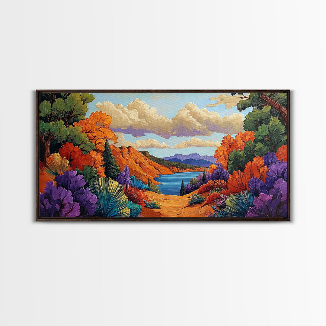 Autumn Lake, Path, Framed Canvas Print, Vibrant Fall forest trail leading to lake painting, Cozy Cabin Decor, Autumn Entryway Art