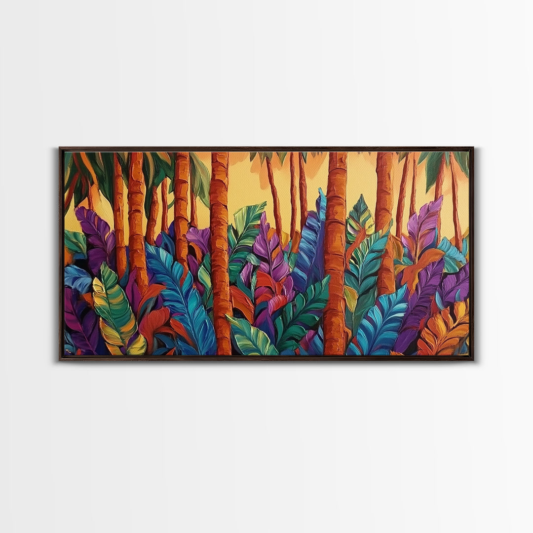 Jungle Leaves, Palms, Tropical, Framed Canvas Print, vibrant rainforest botanical wall art, boho plant decor, entryway art