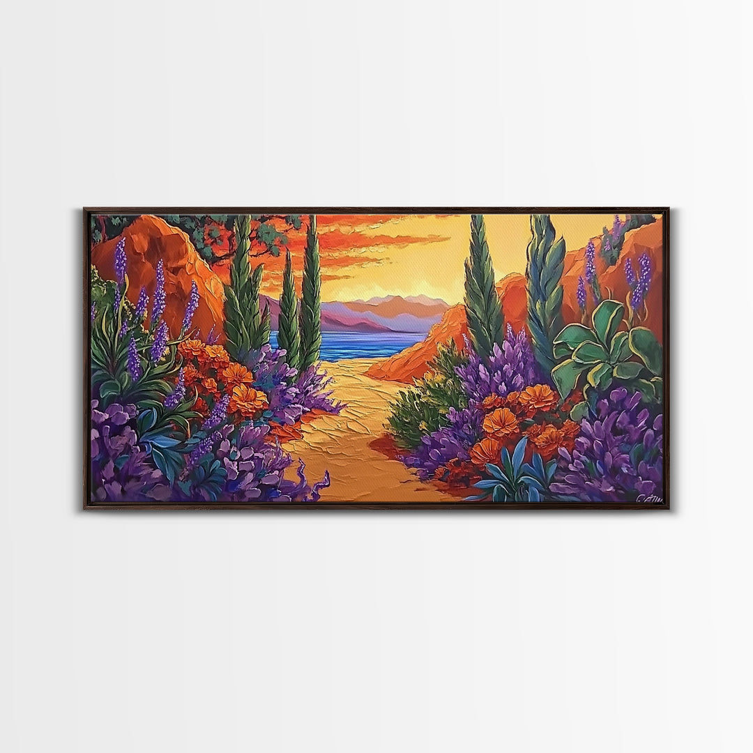 Pathway Sunset, Garden, Ocean, Canvas Print, vivid coastal floral scene, entryway decor, sunset wall art, summer vibes painting