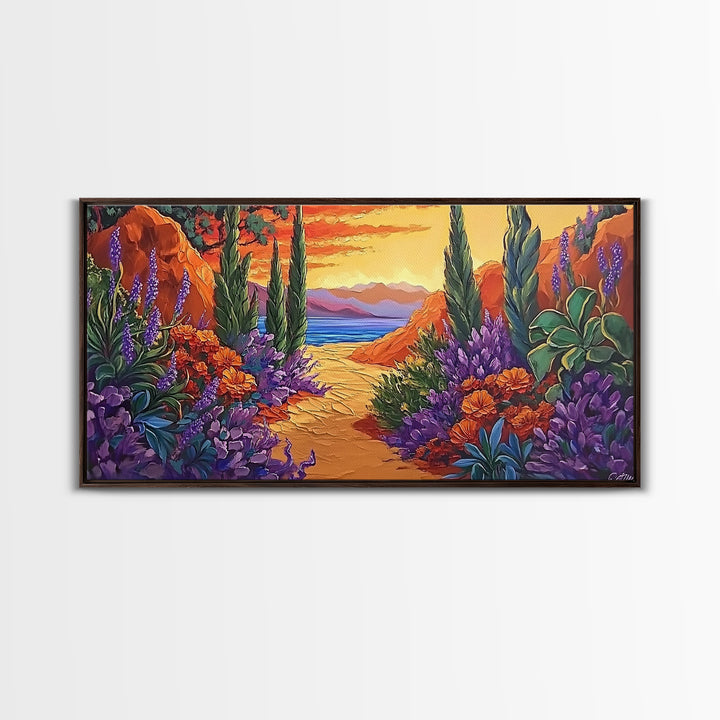 Pathway Sunset, Garden, Ocean, Canvas Print, vivid coastal floral scene, entryway decor, sunset wall art, summer vibes painting