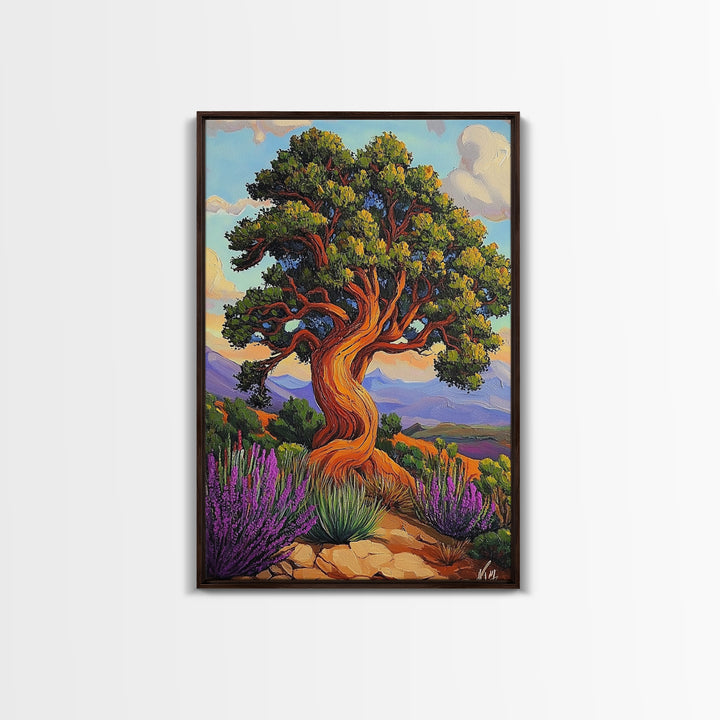 Tree Landscape, Nature, Autumn, Framed Canvas Print twisted pine tree painting, desert sunset landscape, nature wall decor, rustic boho art