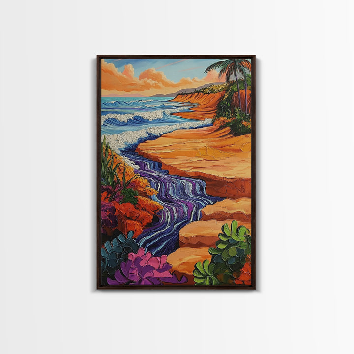 Beach Cliff, Waterfall, Sunset, Canvas Print bold beachside cliff art, ocean waterfall wall decor, coastal boho painting, living room print