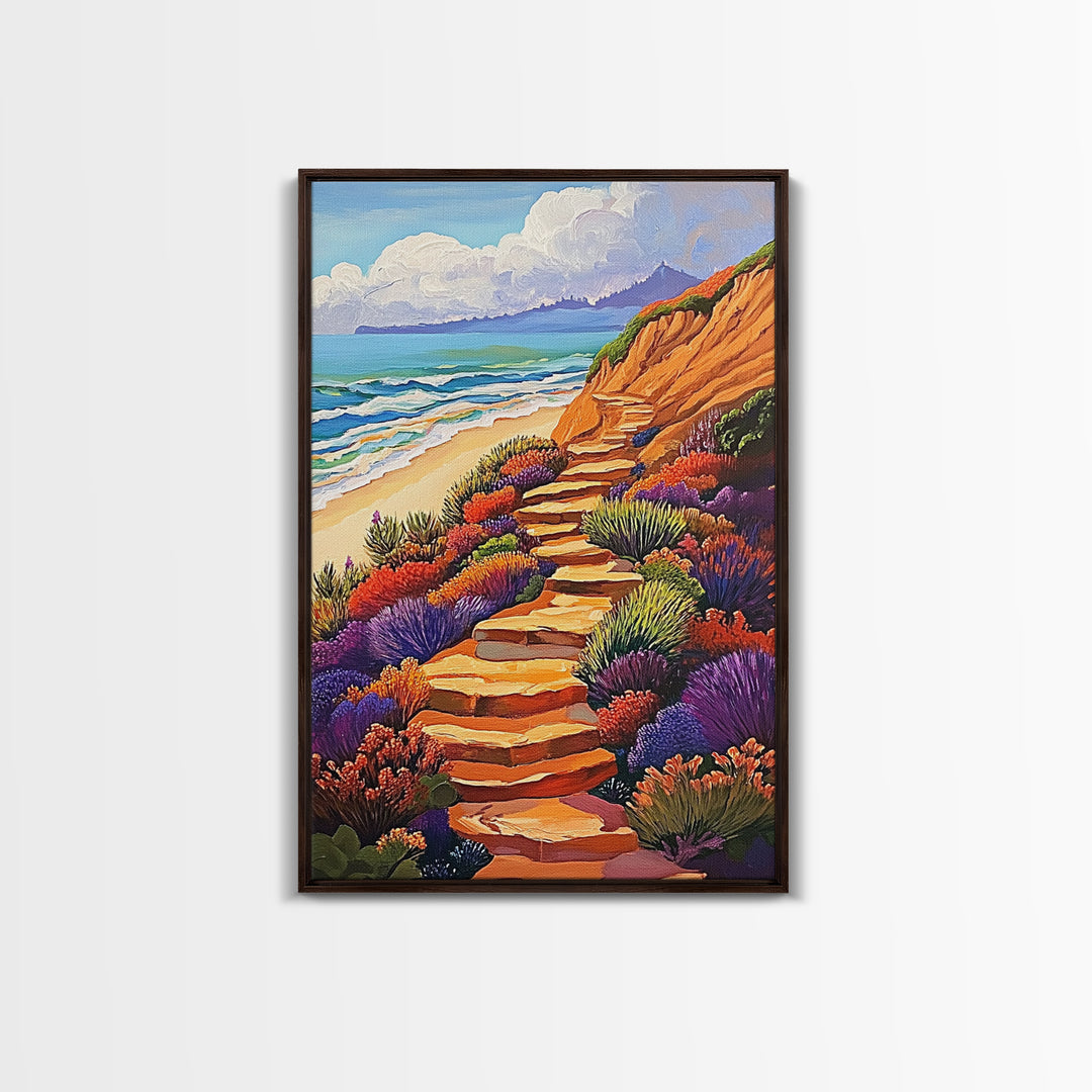 Ocean Trail, Bloom, Cliffside, Framed Canvas Print, Vibrant beach path painting, floral coastal art, boho landscape wall décor