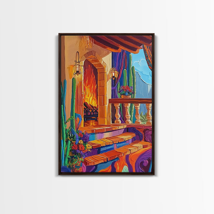 Cozy Hacienda, Fireplace, Terrace, Canvas Print, Southwestern Wall Art, Warm Interior Scene, Kitchen or Dining Room Boho Decor