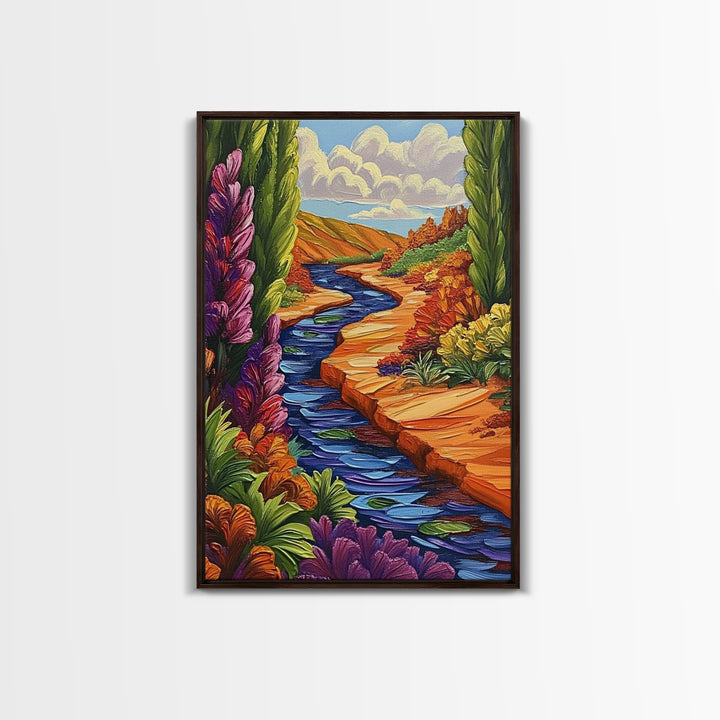 River Canyon, Fall, Flowers, Framed Canvas Print, Autumn Nature Artwork, Cozy Cabin Decor, Warm Earth Tones, Living Room Wall Art