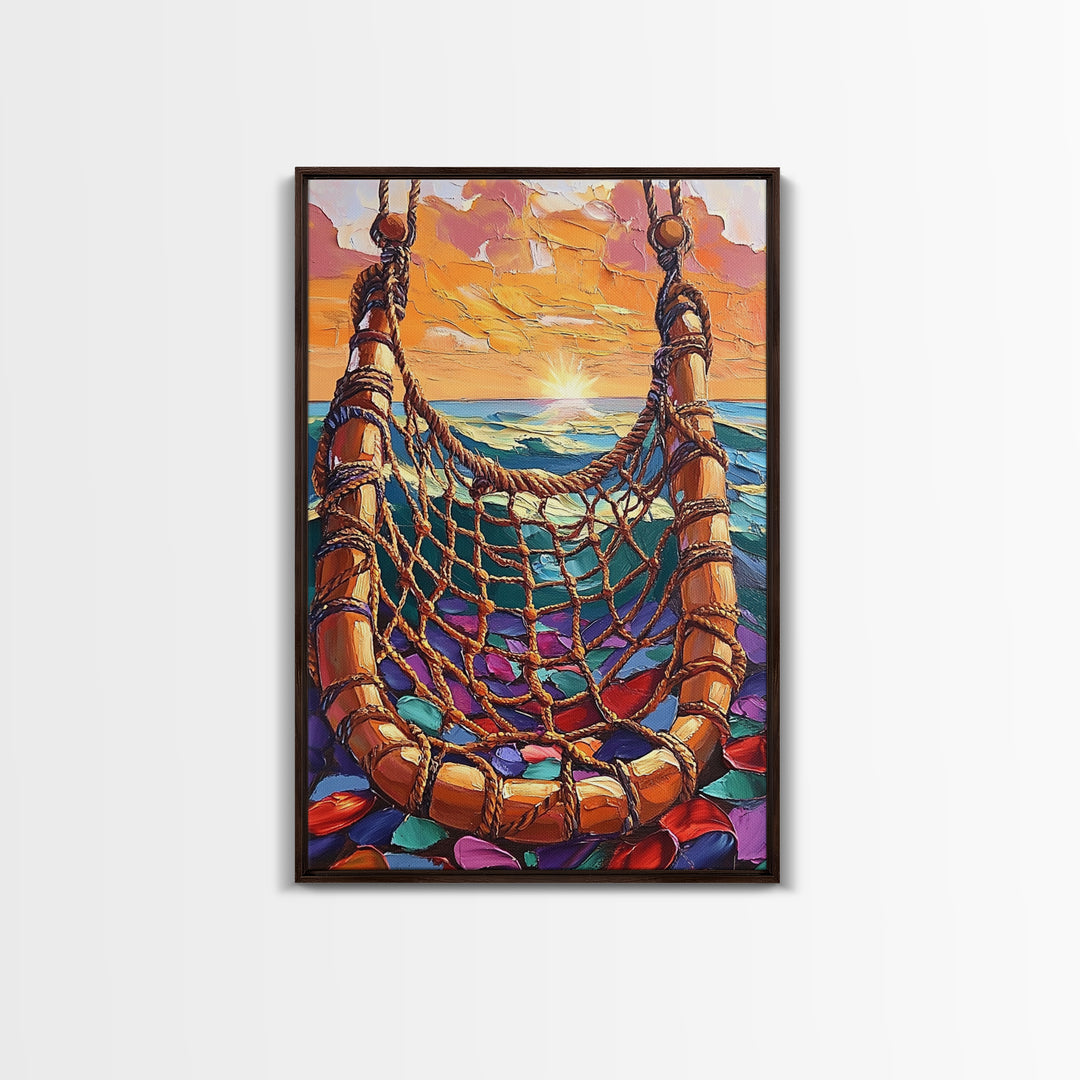 Ocean Hammock, Sunset, Boho, Framed Canvas Print dreamy hammock wall art, ocean sunset boho painting, coastal beach decor, patio art