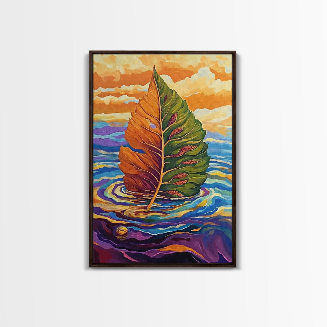 Autumn Leaf, Nature, Floating, Framed Canvas Print, floating leaf wall art, nature inspired canvas print, cozy Fall living room decor