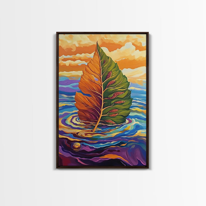 Autumn Leaf, Nature, Floating, Framed Canvas Print, floating leaf wall art, nature inspired canvas print, cozy Fall living room decor