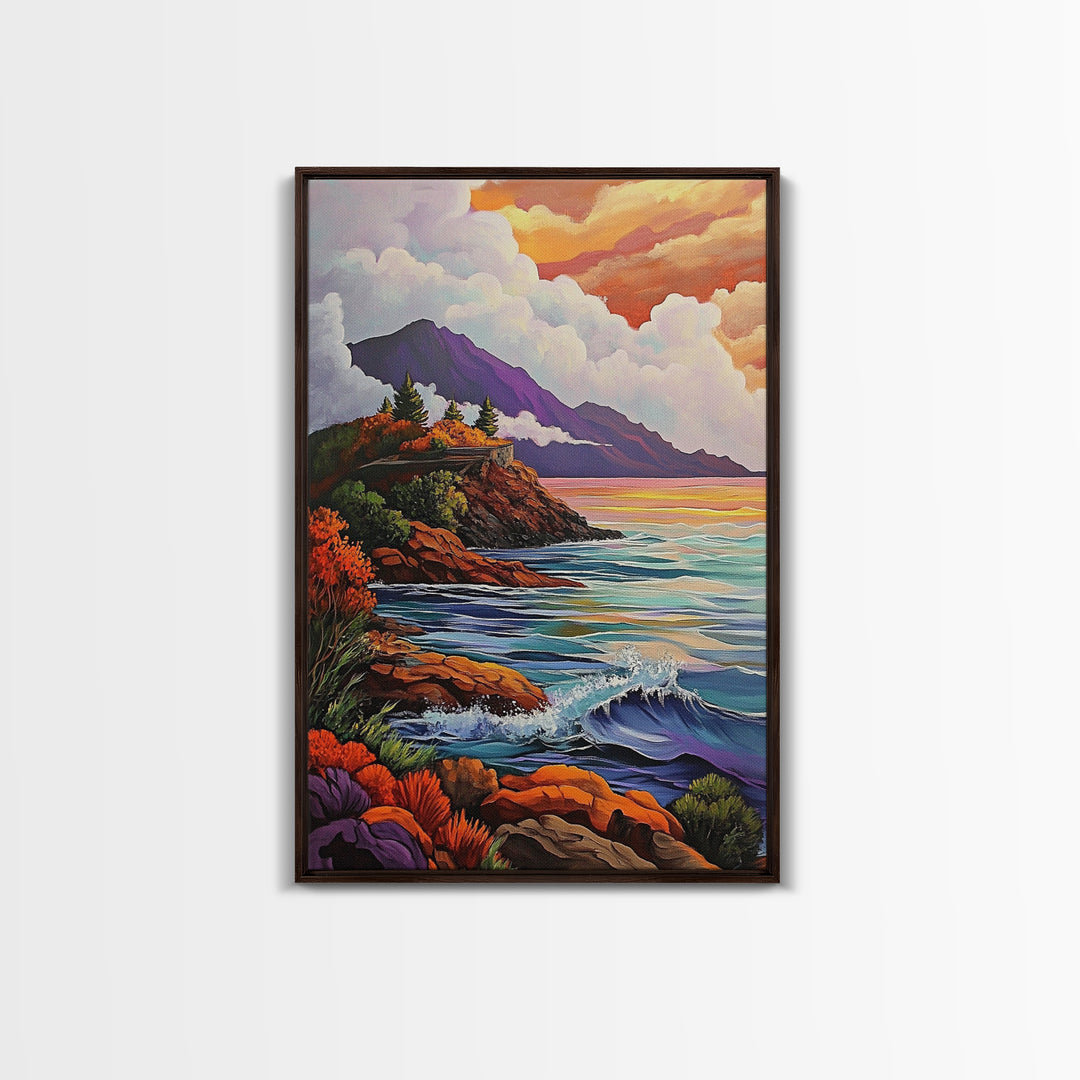 Cliffs Waves, Mountains, Autumn, Framed Canvas Print, coastal cliffs wall art, crashing waves painting, Autumn landscape, living room decor