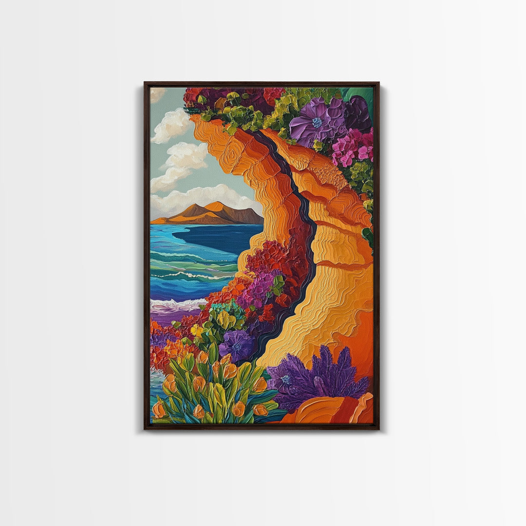 Cliffside Flowers, Ocean, Landscape, Framed Canvas Print floral coastal wall art, textured seaside painting, beach house decor, boho art style