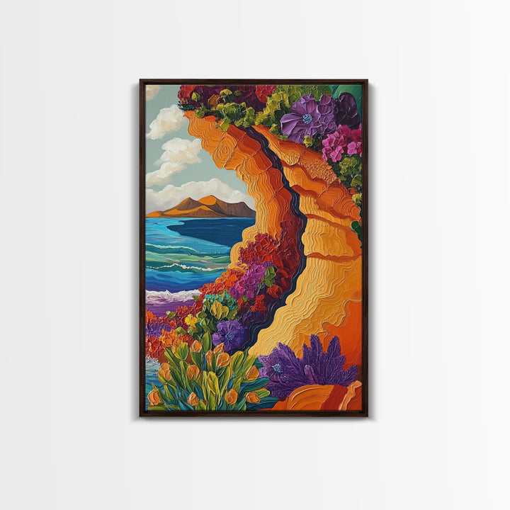 Cliffside Flowers, Ocean, Landscape, Framed Canvas Print floral coastal wall art, textured seaside painting, beach house decor, boho art style