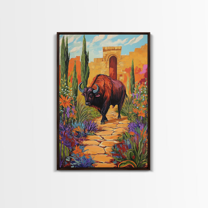 Bison Path, Desert, Framed Canvas Print, Southwest Bull Wall Art, Rustic Western Decor, Vibrant Nature Boho Style, Entryway Wall Art