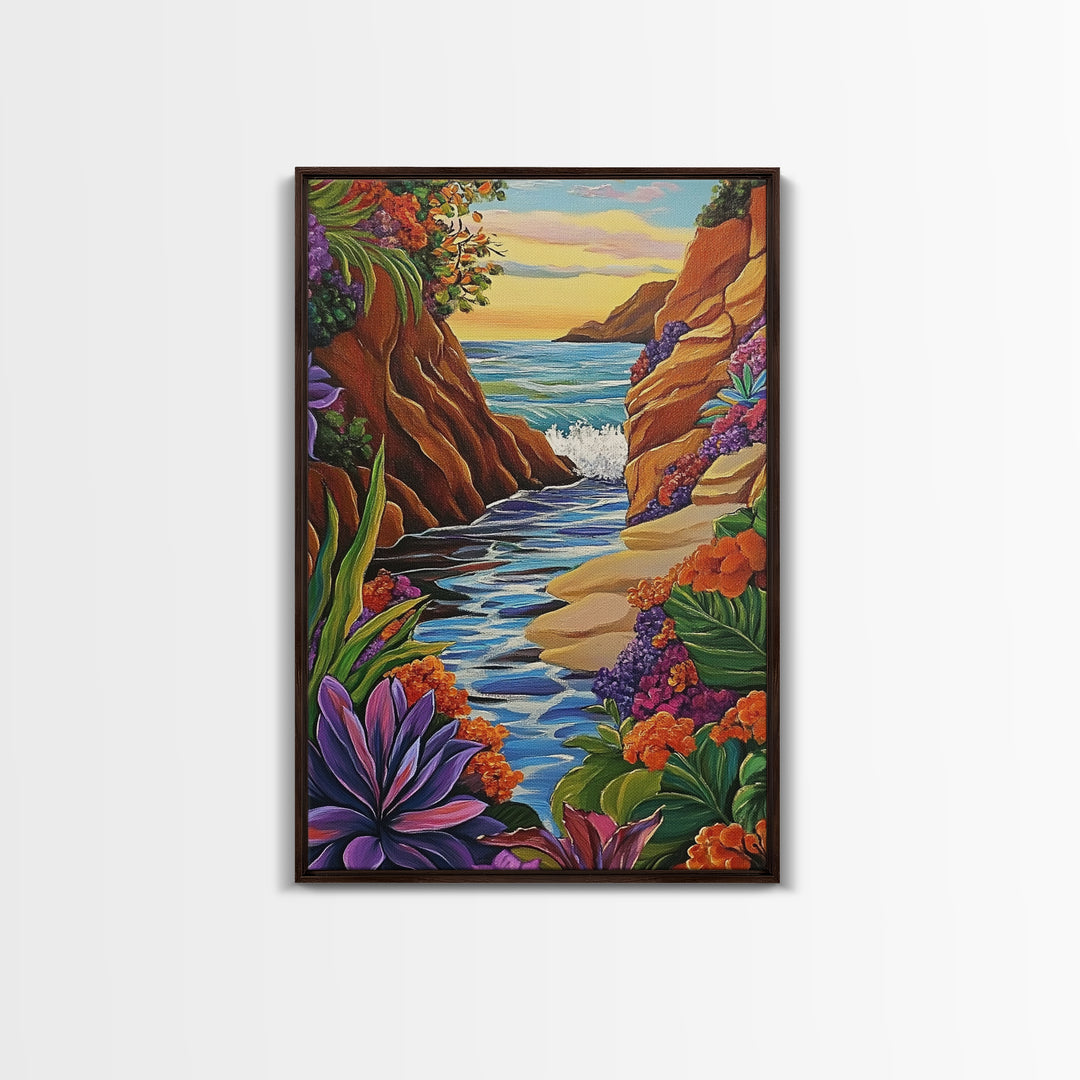 Cliff Ocean, Sunset, Framed Canvas Print, Bold Coastal Canyon Wall Art, Vibrant Nature Decor, Boho Landscape Style, Bedroom Wall Art