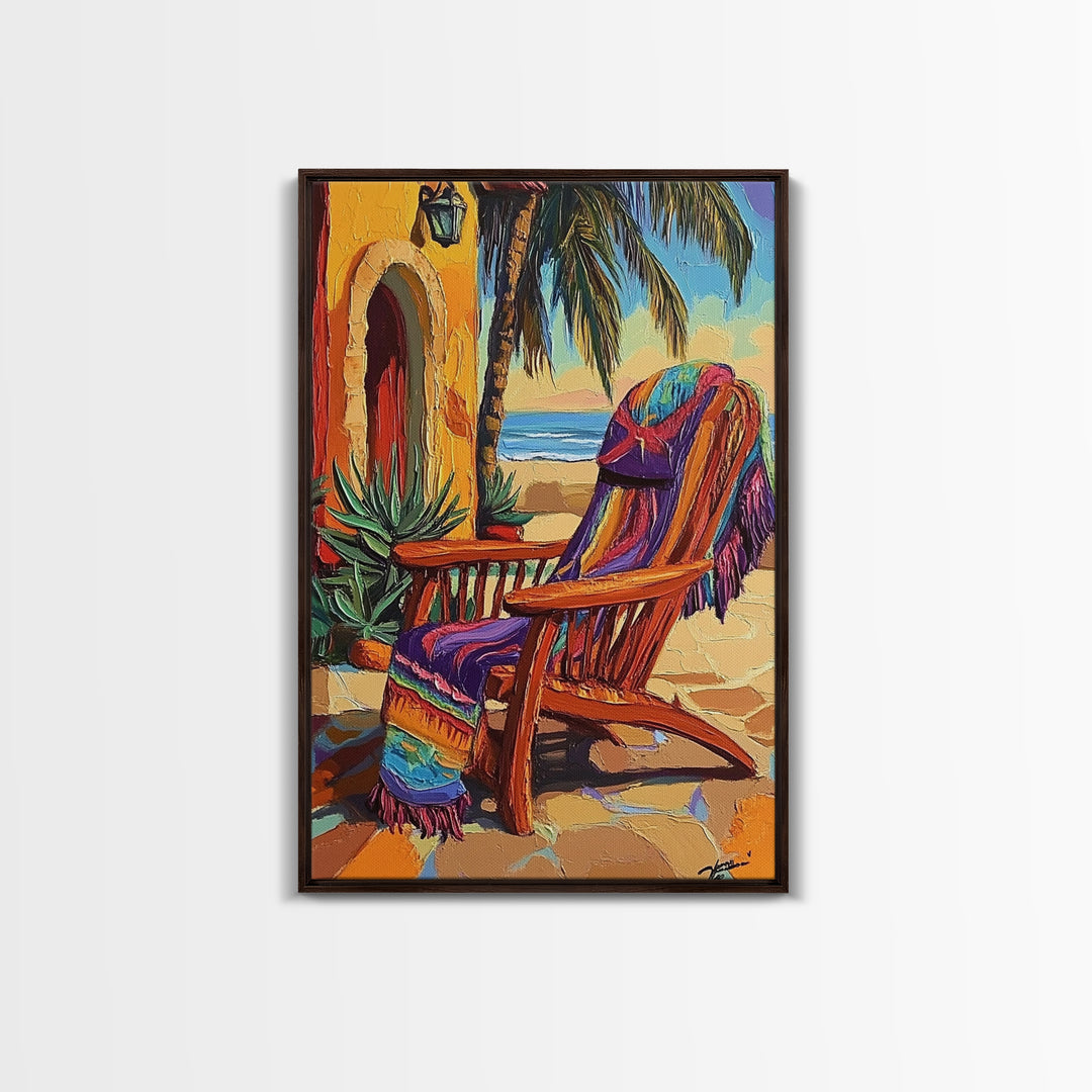 Chair Blanket, Breeze, Shore, Canvas Print, beach chair art, coastal boho decor, sunny retreat wall art, tropical relaxation, porch vibes