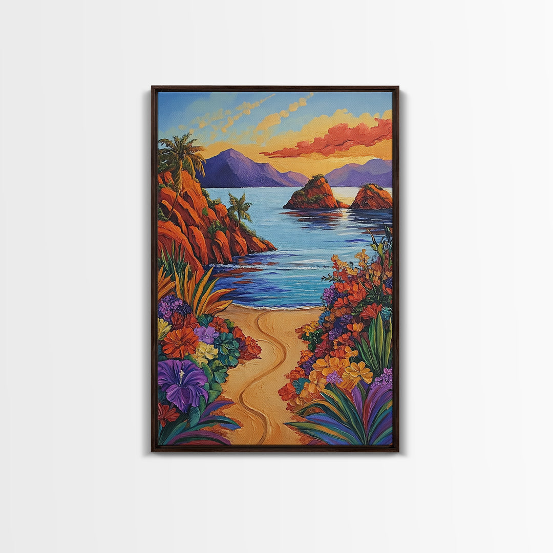 Beach, Sunset, Tropical, Floral Framed Canvas Print, Coastal Living Room Wall Art, Island Paradise Decor, Vibrant Summer Artwork