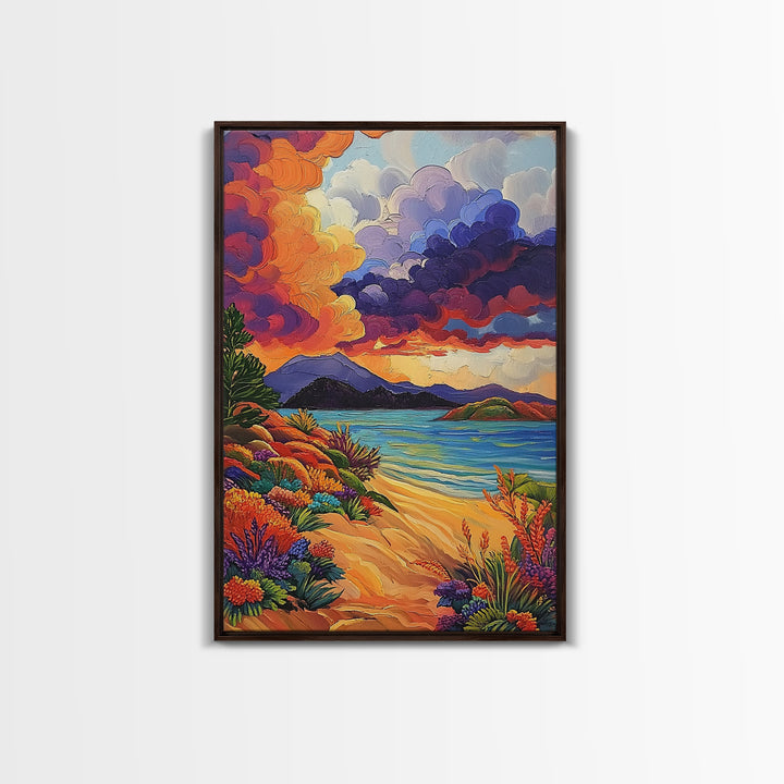 Clouds Sunset, Beach, Scenic Canvas Print, Colorful Coastal Wall Art, Vibrant Nature Landscape, Fall Living Room Art Piece