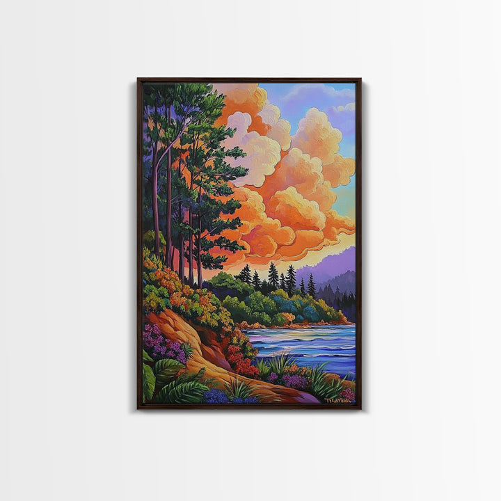 Pine Forest, Sunset, River, Framed Canvas Print, vibrant mountain art, autumn wall decor, cozy cabin wall art, rustic lodge artwork