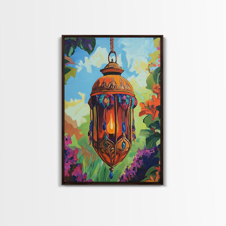 Boho Lantern, Glow, Garden, Framed Canvas Print, Moroccan Lantern Art, Boho Wall Decor, Eclectic Lighting Artwork, Patio Living Room Art