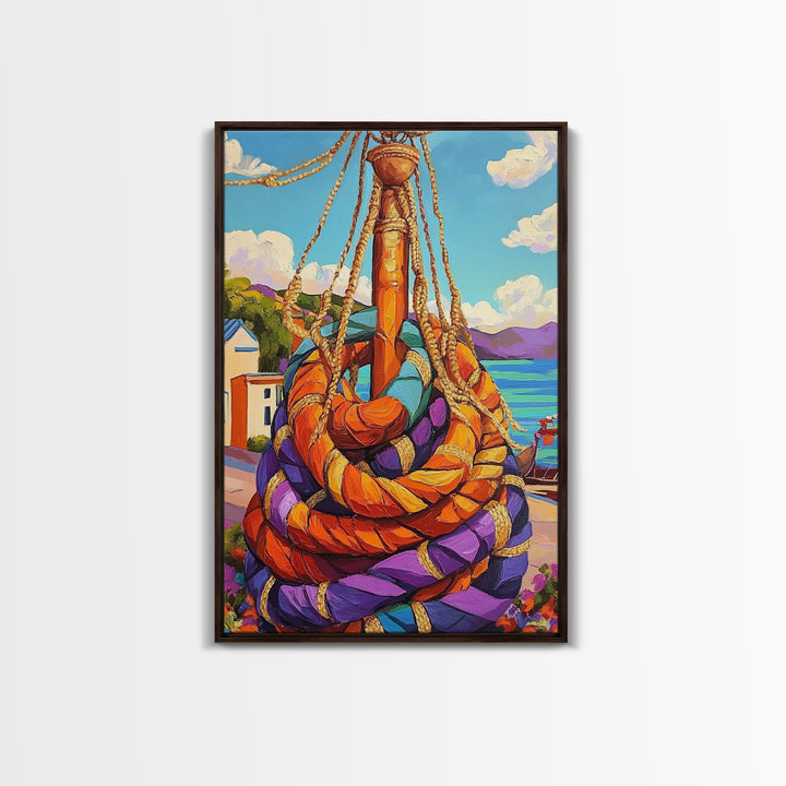 Nautical Rope, Dock, Summer, Framed Canvas Print, Nautical Rope Wall Art, Summer Decor, Bright Harbor Painting, Beach House Wall Accent
