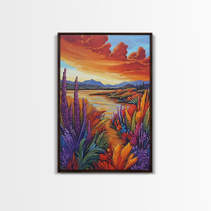 Autumn Lake, Trail, Fall Landscape Painting, Warm Sunset Wall Decor, Living Room Boho Vibes, Framed Canvas Print